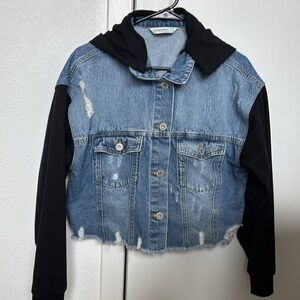 Highway Jean Crop Jacket with removable hood.